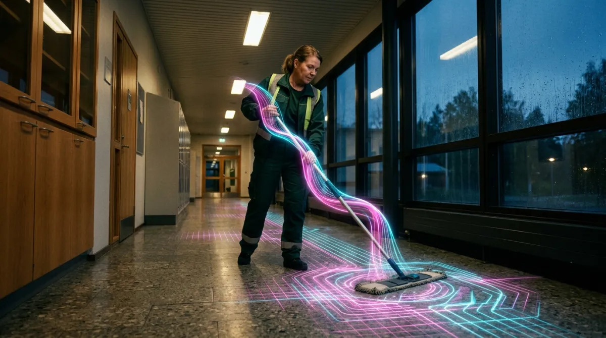 Cleaner mopping a corridor in a facility